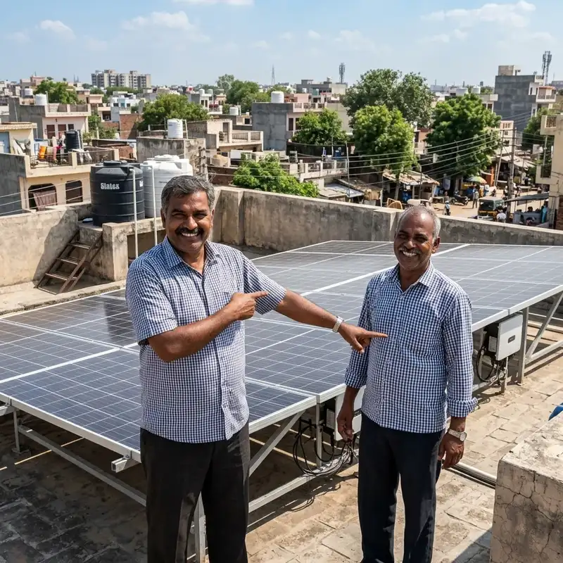 Proud Indian homeowner showing rooftop solar setup