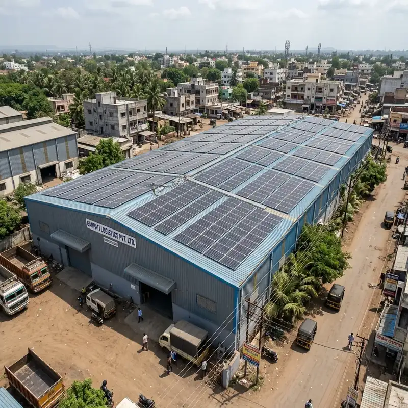 Solar panels on commercial warehouse corrugated roof